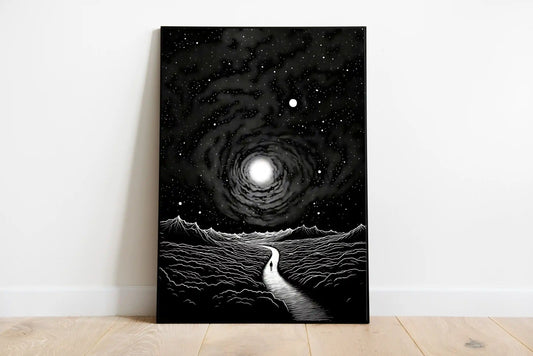 High-contrast abstract poster dominated by geometric black void shapes interacting with expansive white negative spaces in a portrait composition