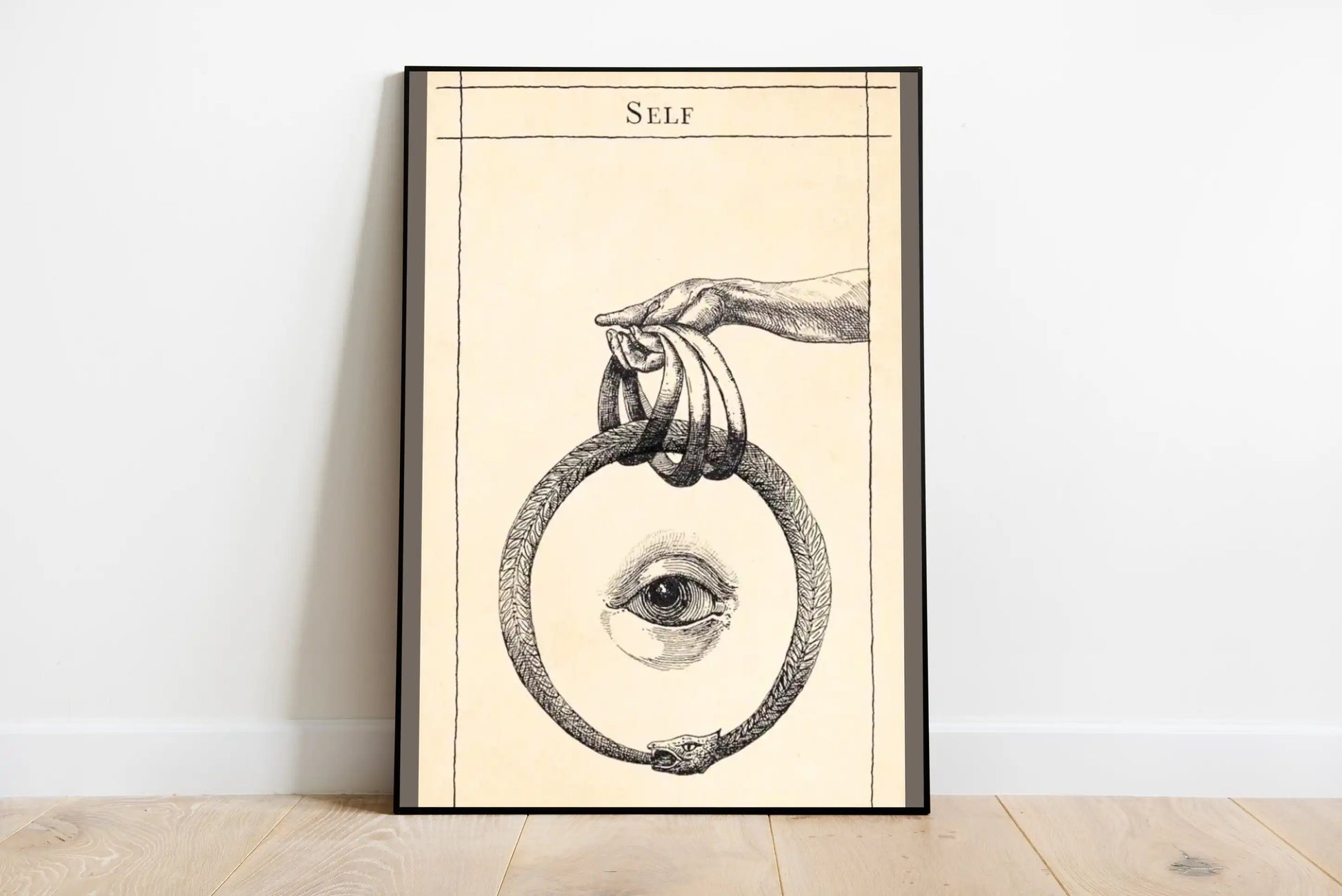 Abstract portrait poster featuring interlocking geometric lines and flowing loop shapes in muted charcoal gray, black, and subtle sapphire blue tones