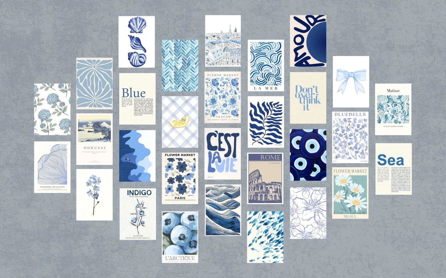 Gallery wall kit featuring assorted abstract line art, faded photographs, and geometric botanical illustrations in neutral earth tones