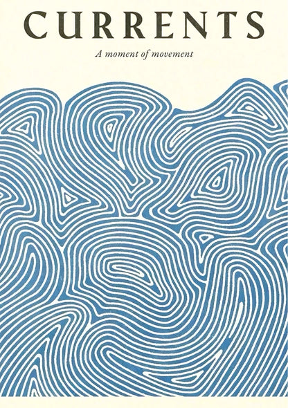 Abstract portrait art featuring flowing, organic lines in deep teal, navy blue, and turquoise shades, capturing the dynamic movement of ocean currents