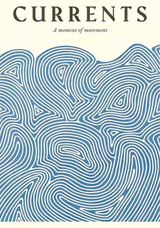 Abstract portrait art featuring flowing, organic lines in deep teal, navy blue, and turquoise shades, capturing the dynamic movement of ocean currents