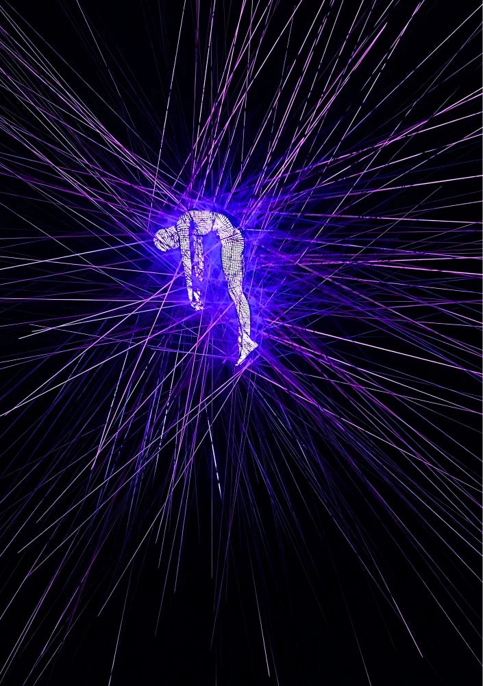 Anime style portrait featuring a central figure within a swirling dimensional rift, illuminated by bright purple and neon blue energies