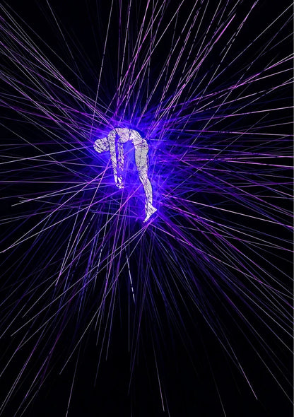 Anime style portrait featuring a central figure within a swirling dimensional rift, illuminated by bright purple and neon blue energies