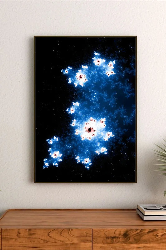 Intricate poster art featuring interconnected linear structures with luminous magenta nodes traversing abstract planes of rich royal blue