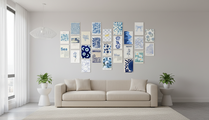 Assortment of posters featuring abstract modern designs, geometric patterns, and neutral tones assembled into a curated wall art collage