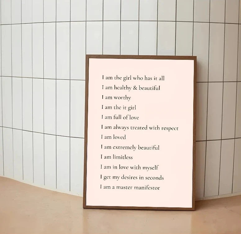 Second portrait poster displaying affirmation scripts in blush pink and pale yellow, arranged across white space for a clean aesthetic