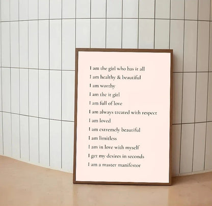 Second portrait poster displaying affirmation scripts in blush pink and pale yellow, arranged across white space for a clean aesthetic