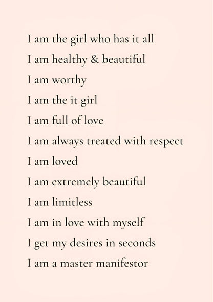 Portrait design featuring stacked script affirmations using a pastel pink and yellow color scheme, resembling watercolor ink art