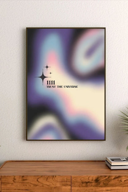 Portrait poster with blurred gradient swirls in purple, blue, pink, and cream; black starburst icons above bold "1111" and "TRUST THE UNIVERSE" text