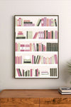 Portrait poster featuring stylized bookshelves with colorful books and a typewriter, using soft pastel tones and minimalist design