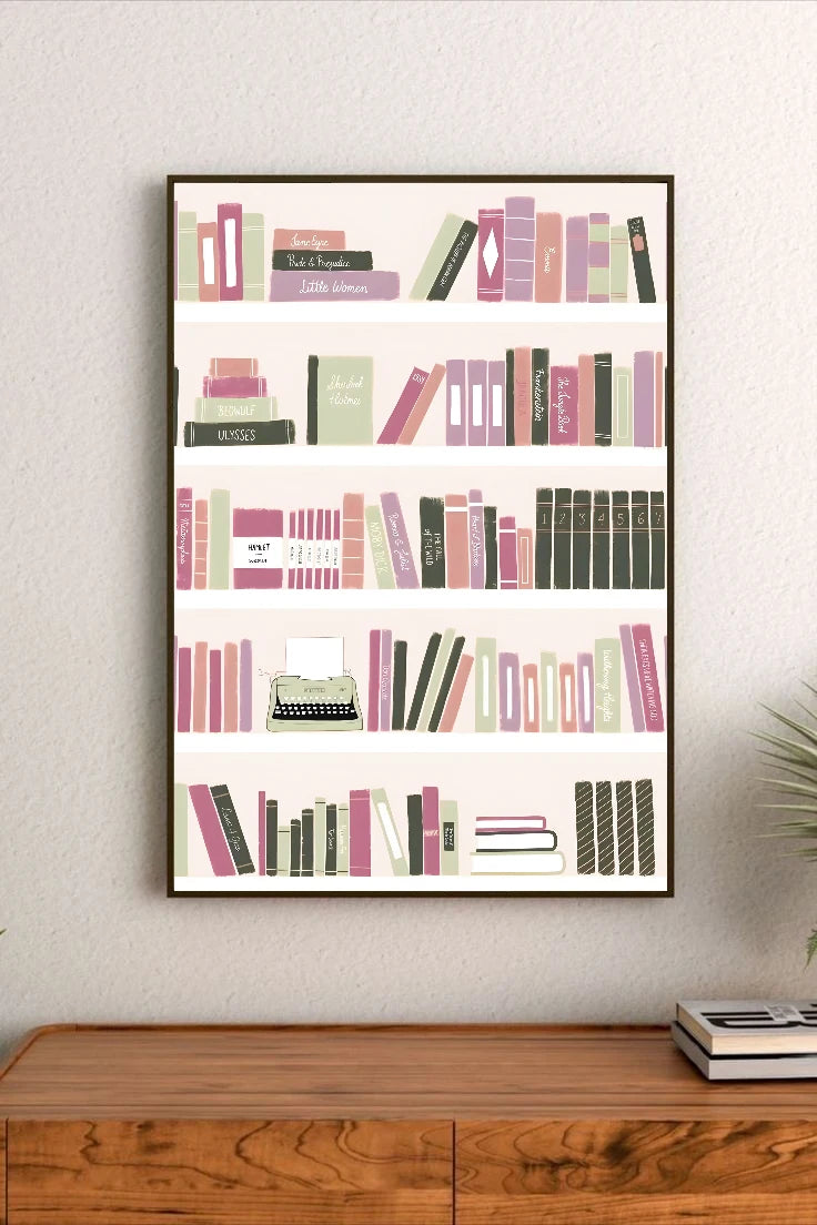 Portrait poster featuring stylized bookshelves with colorful books and a typewriter, using soft pastel tones and minimalist design