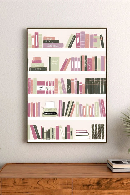 Portrait poster featuring stylized bookshelves with colorful books and a typewriter, using soft pastel tones and minimalist design