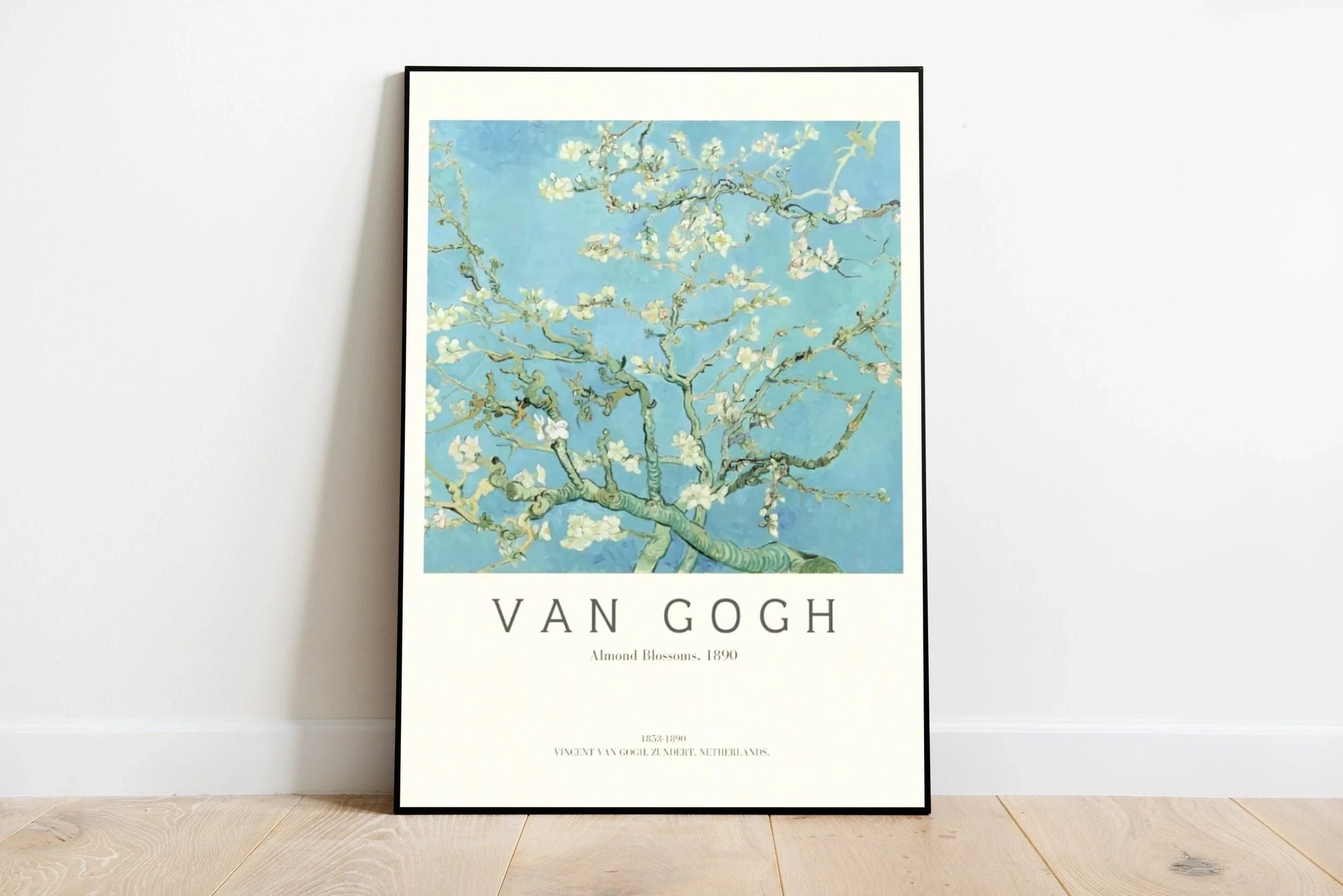 Vertical printed art poster depicting floral botanicals and spring themes using a pastel palette of creams, pale blues, and mint green accents