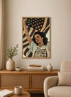 High contrast artwork featuring a central muse figure in a sophisticated, vintage style with deep shadow tones
