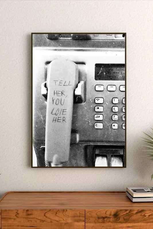 Graphic print artwork displaying black and white typography over layered elements, evoking a vintage magazine collage style on paper