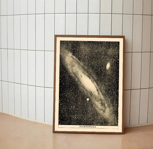 Astronomical poster viewing Andromeda galaxy through a telescope; vibrant color scheme mixing purples, blues, pinks, and yellows