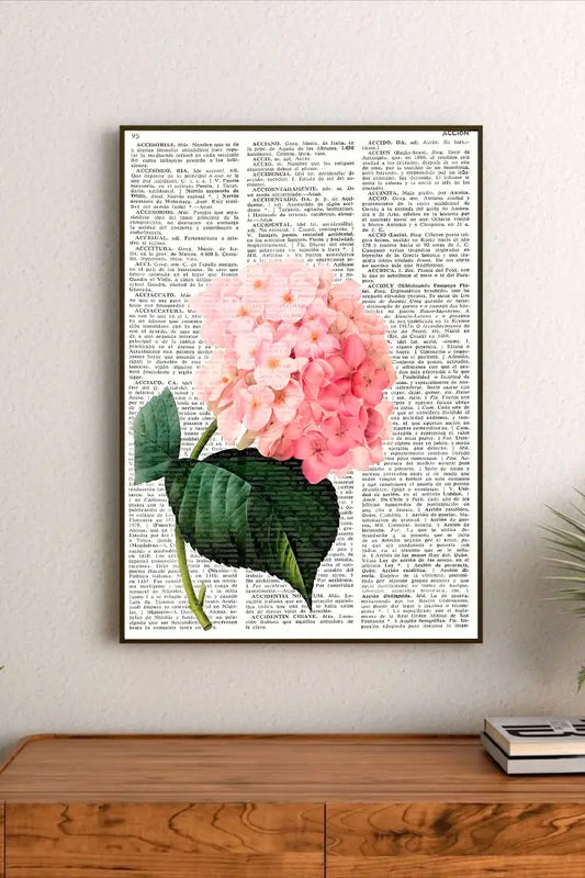 Highly detailed botanical poster featuring dense green foliage and clusters of dusty rose flowers, capturing a rich cottagecore aesthetic