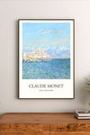 Watercolor style poster depicting Antibes coast in the afternoon, featuring bright blues, ochres, and whites. Landscape orientation