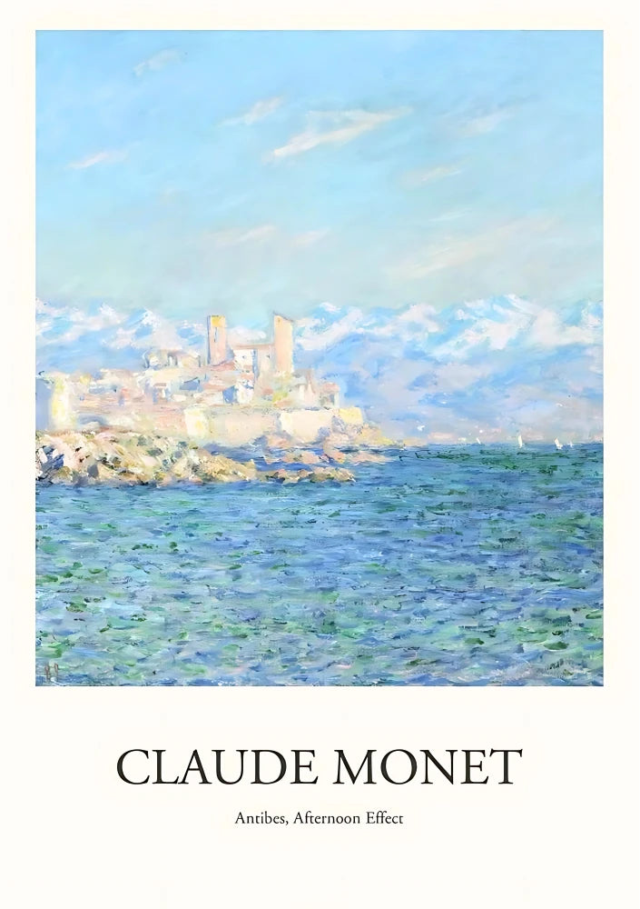 Portrait poster wall art featuring a scene from Antibes. The print utilizes cool blues and warm neutral tones in its scenic, afternoon composition