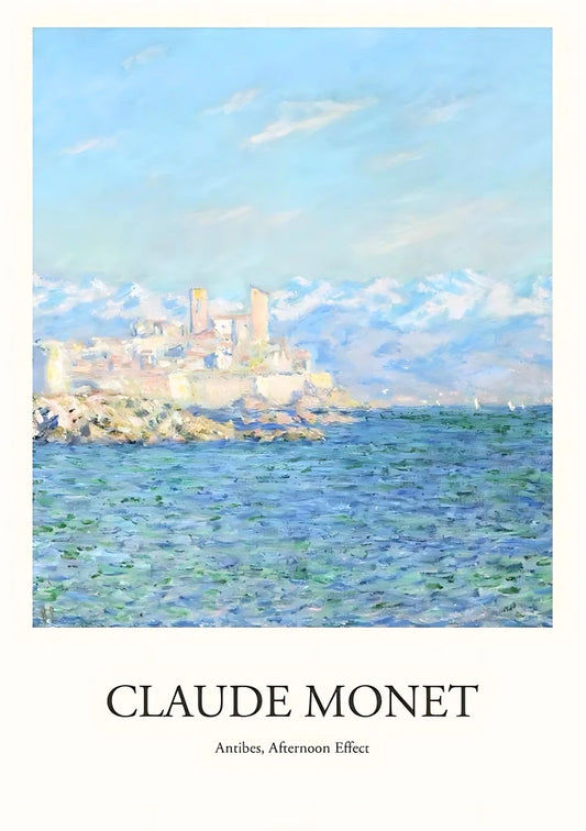 Portrait poster wall art featuring a scene from Antibes. The print utilizes cool blues and warm neutral tones in its scenic, afternoon composition