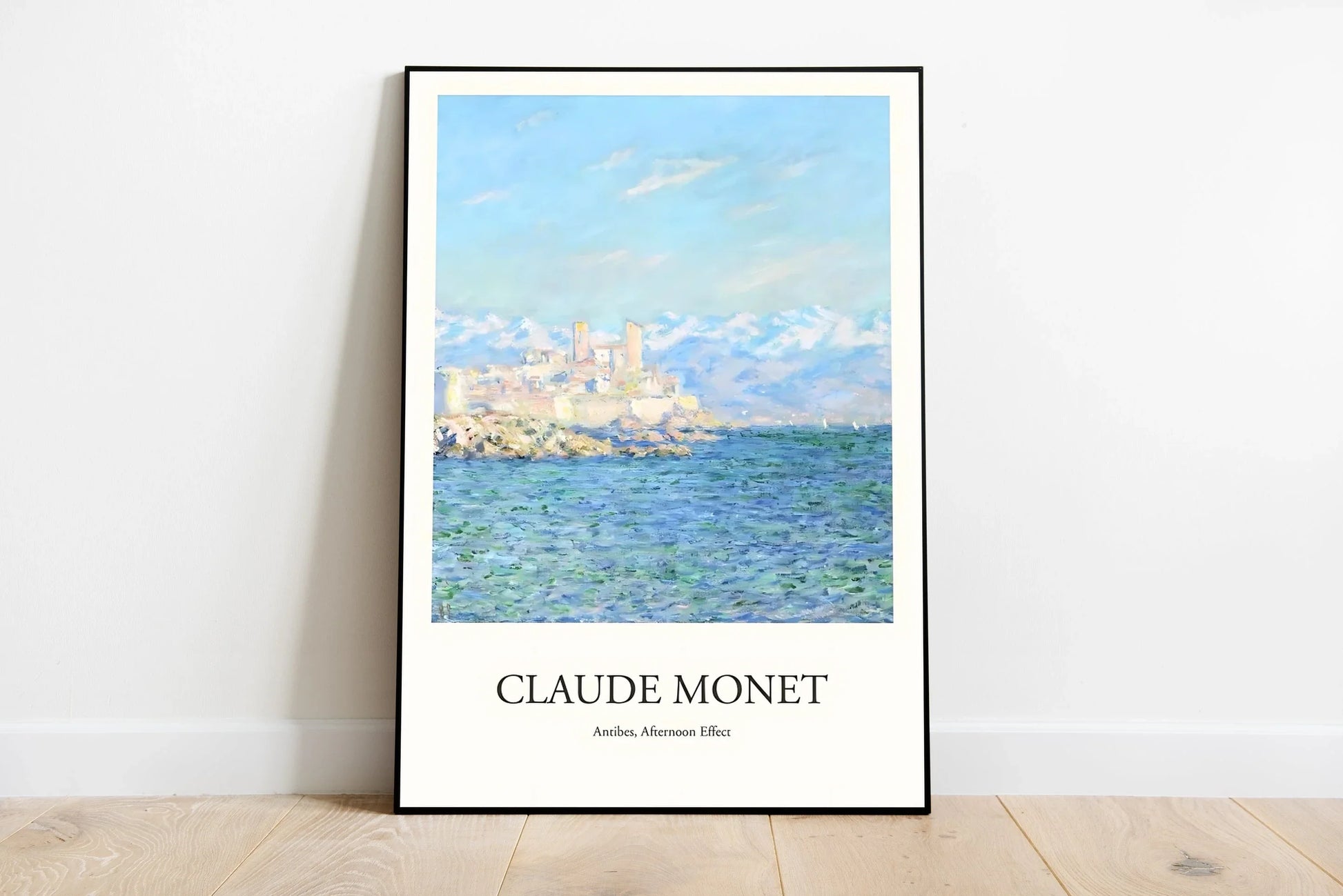 Poster art depicting Antibes in the afternoon, featuring Mediterranean architecture and bright coastal tones of blue and yellow. Landscape orientation
