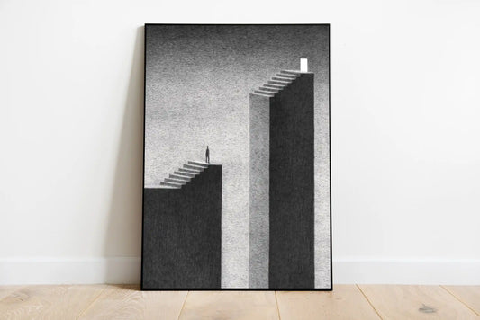 Vertical poster featuring dark, deep blue hues with abstract white elements suggesting an ascent pathway or break in a night sky composition