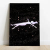 Abstract cosmic wall art poster featuring deep indigo and royal purple hues with swirling nebulas; a highly detailed portrait celestial design