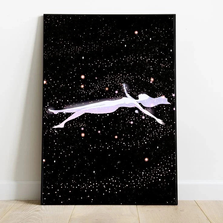 Abstract cosmic wall art poster featuring deep indigo and royal purple hues with swirling nebulas; a highly detailed portrait celestial design