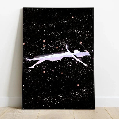 Abstract cosmic wall art poster featuring deep indigo and royal purple hues with swirling nebulas; a highly detailed portrait celestial design