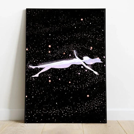 Abstract cosmic wall art poster featuring deep indigo and royal purple hues with swirling nebulas; a highly detailed portrait celestial design