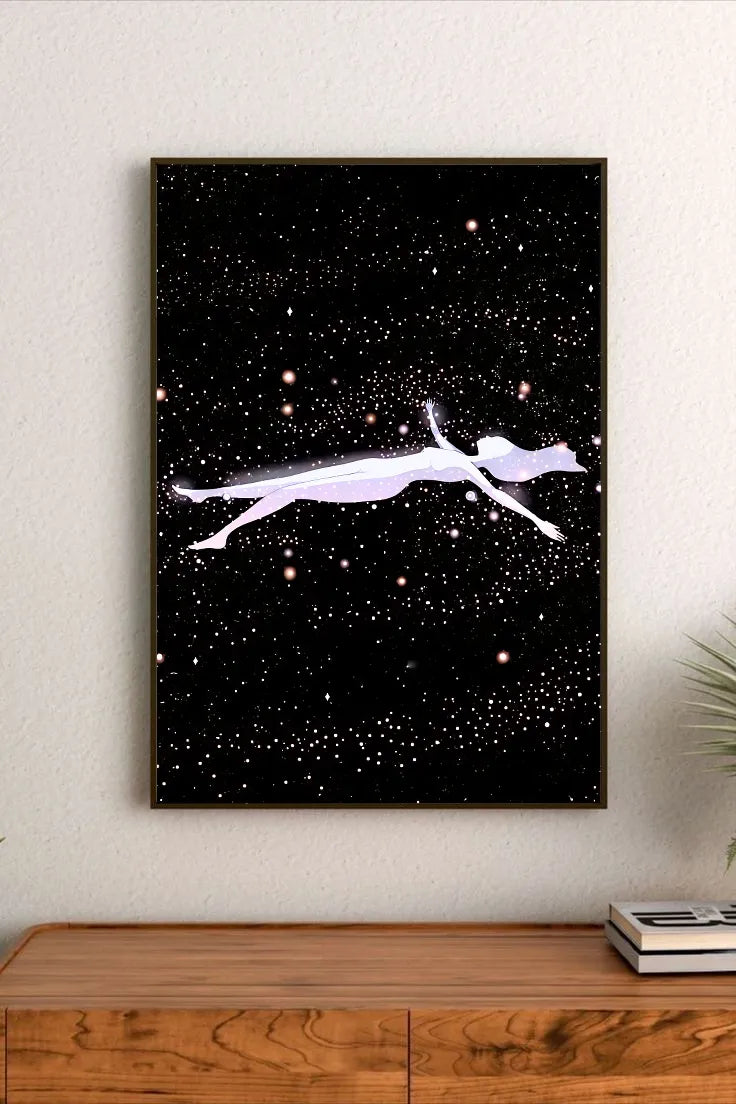 Portrait space artwork displaying vibrant turquoise and teal galactic arms over deep midnight blue gradients, set in an abstract celestial style