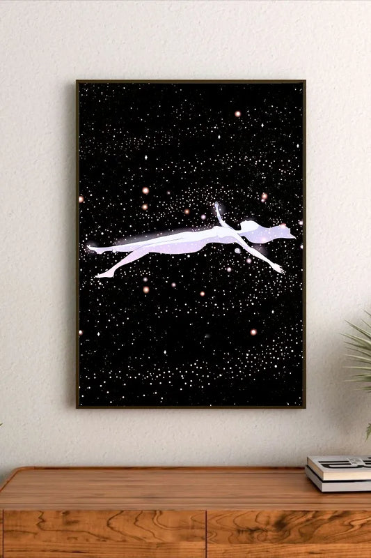 Portrait space artwork displaying vibrant turquoise and teal galactic arms over deep midnight blue gradients, set in an abstract celestial style