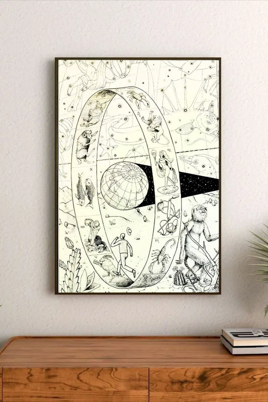 Landscape wall art displaying cosmic constellations against a dark midnight blue background, accented by vibrant red nebula swirls