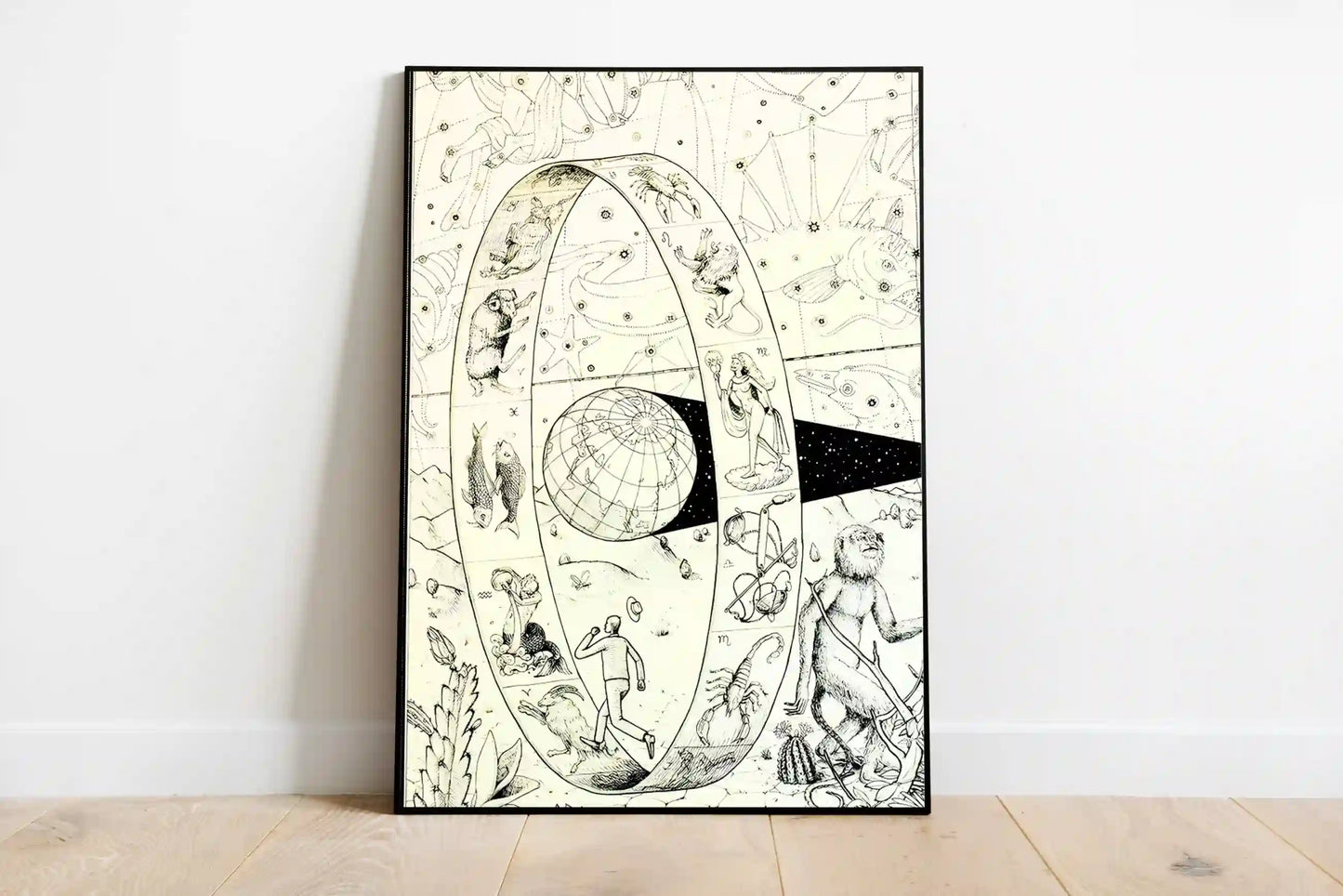 Portrait poster featuring abstract celestial elements in deep indigo and violet hues, depicting an astrological continuum design