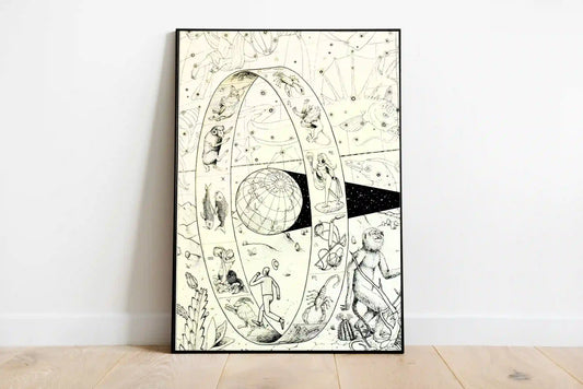 Portrait poster featuring abstract celestial elements in deep indigo and violet hues, depicting an astrological continuum design
