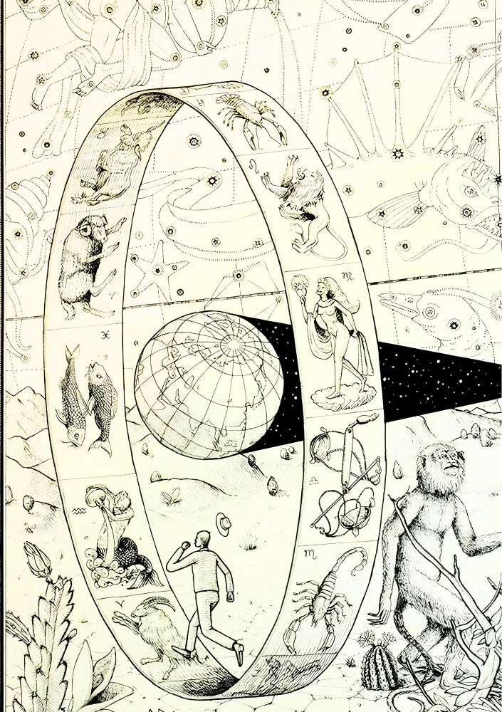 Square format print of geometric astrological symbolism using matte black paper tones with bright metallic silver line work