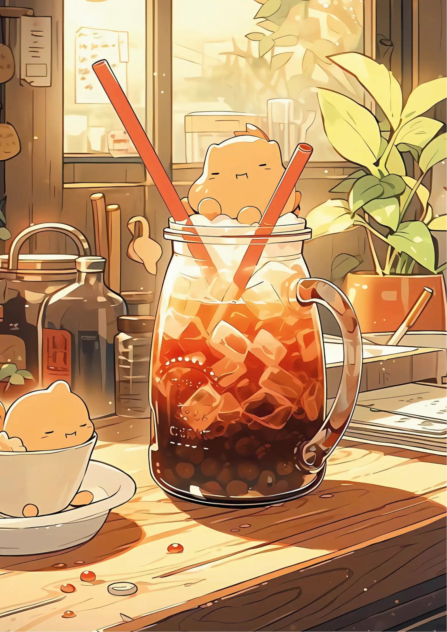 Iridescent amber liquid in a glass mug with ice cubes and boba pearls, topped with a cartoon cat face and two orange straws