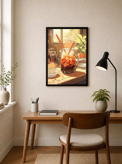Portrait poster featuring a cozy café scene with a large glass jar of iced coffee, two straws, and small animal faces peeking from bowls, rendered in