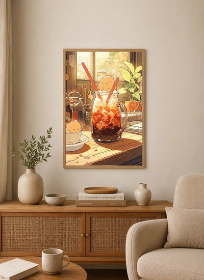 Portrait print featuring a cartoon character inside a glass jar filled with iced coffee and red straws, rendered in warm, soft tones
