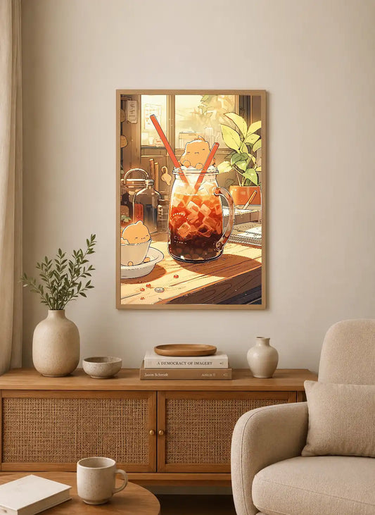 Portrait print featuring a cartoon character inside a glass jar filled with iced coffee and red straws, rendered in warm, soft tones