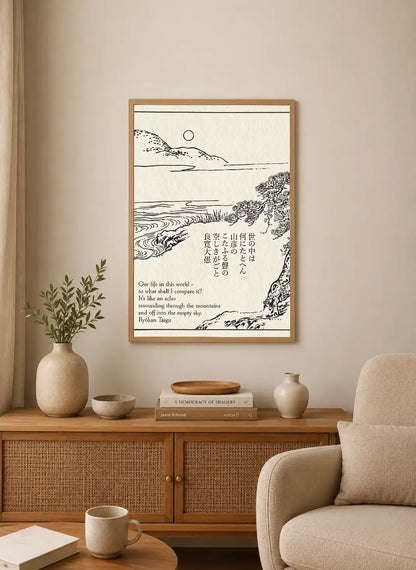 Portrait print with minimalist black ink lines depicting a serene landscape and Japanese text alongside English translation