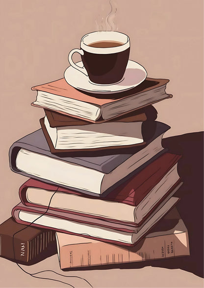 Stack of books in earthy tones topped with a steaming coffee cup on saucer, illustrated style