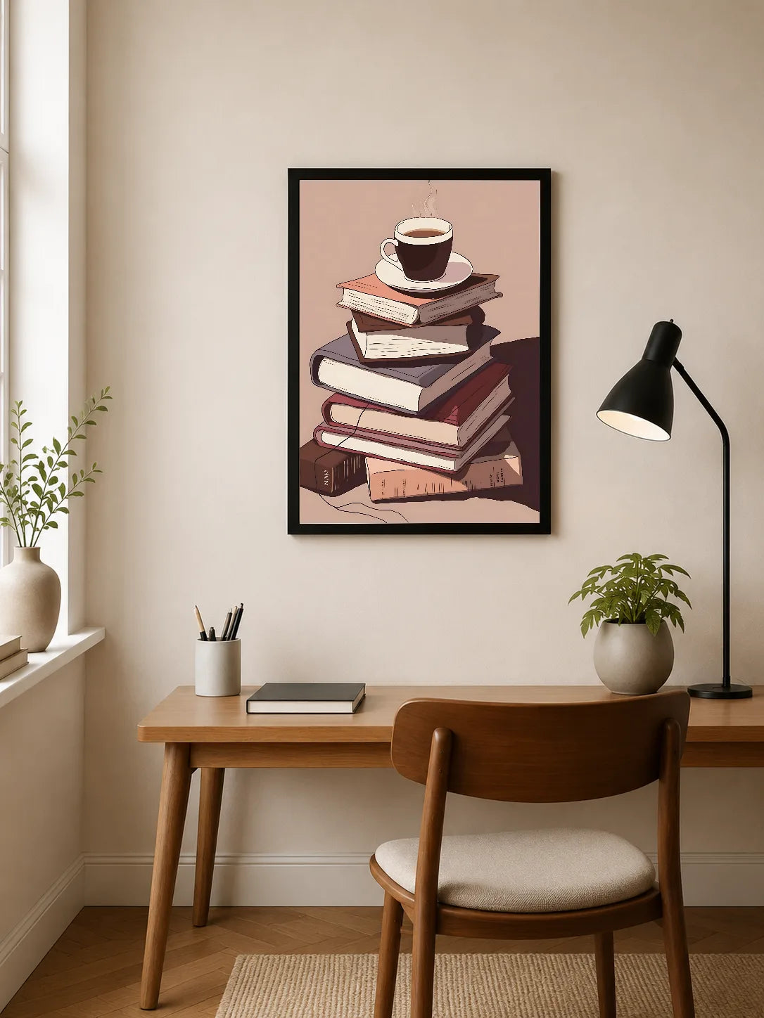 Portrait poster featuring a stack of books with a steaming coffee cup atop, rendered in soft earth tones and minimalist line art style