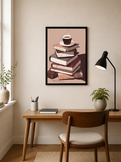 Portrait poster featuring a stack of books with a steaming coffee cup atop, rendered in soft earth tones and minimalist line art style