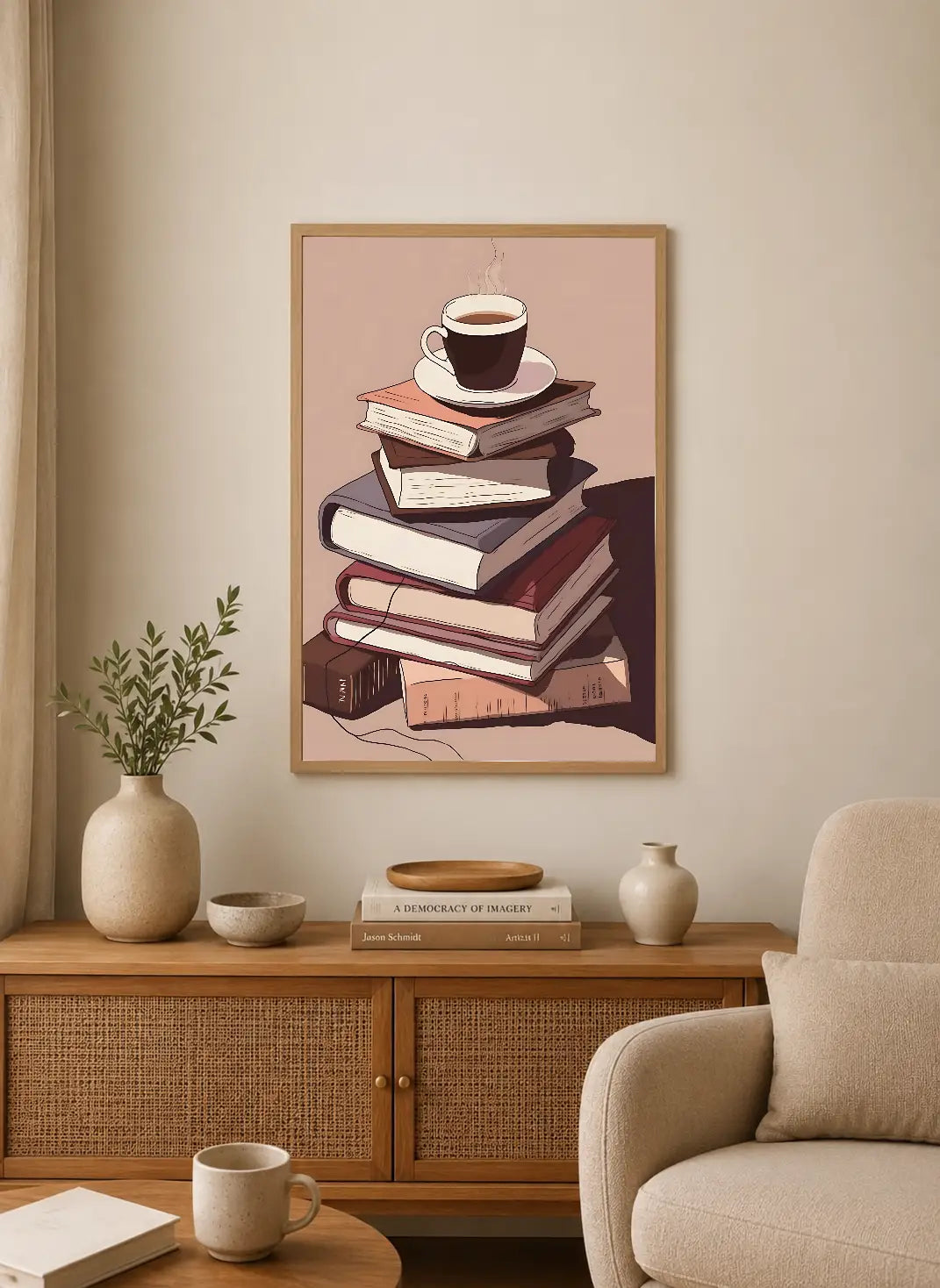 Portrait poster featuring a steaming coffee cup atop stacked books, rendered in soft earthy tones with minimalist illustration style
