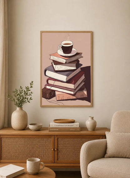 Portrait poster featuring a steaming coffee cup atop stacked books, rendered in soft earthy tones with minimalist illustration style