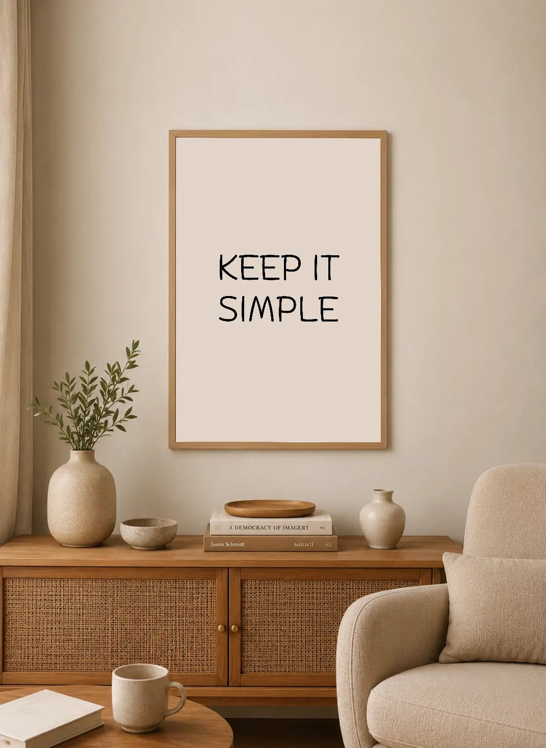 Portrait poster with minimalist black sans-serif text reading "KEEP IT SIMPLE" on a solid off-white background