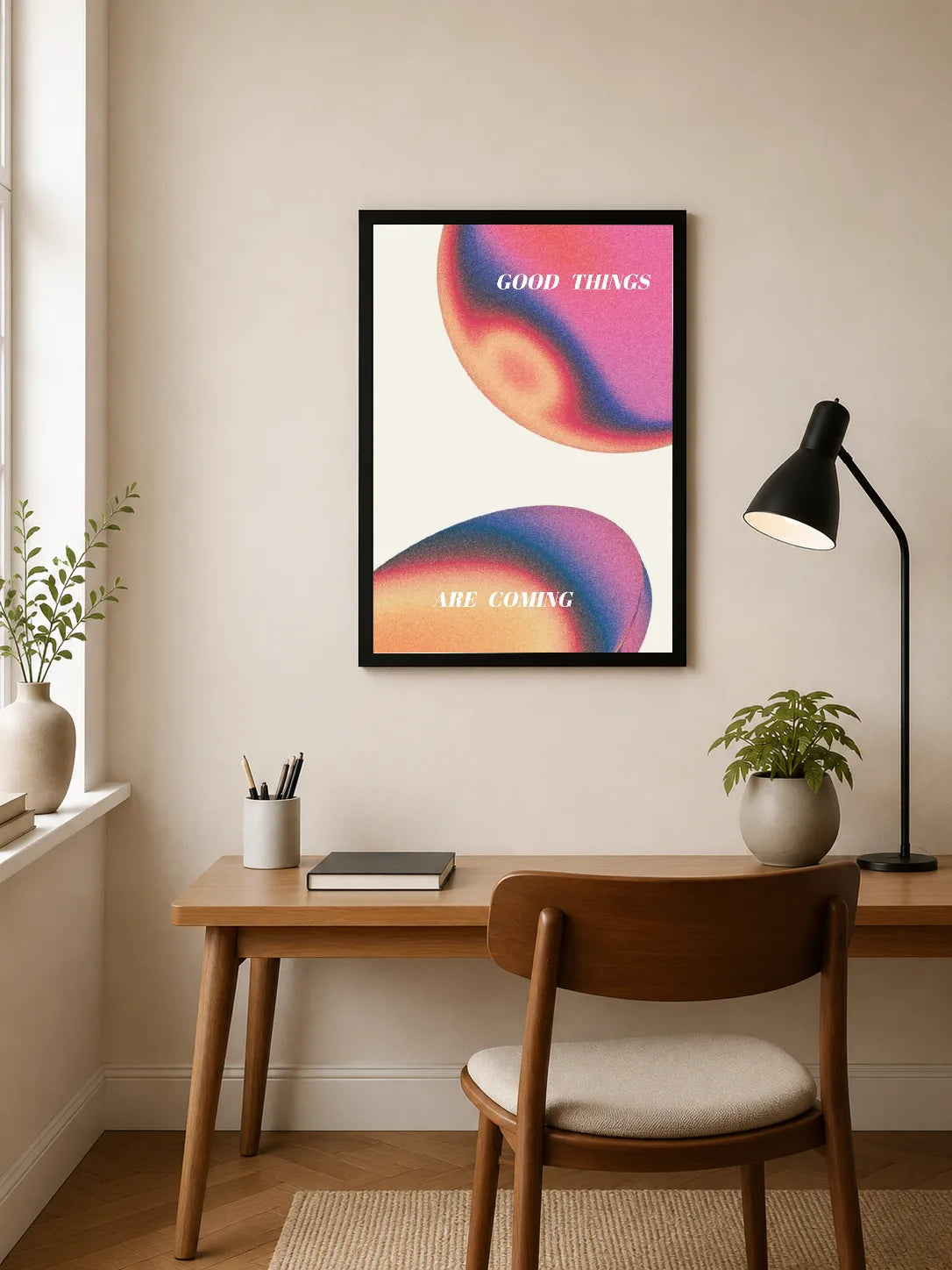 Portrait poster featuring abstract smooth curves in gradients of pink, purple, orange and blue, with white text "GOOD THINGS ARE COMING"