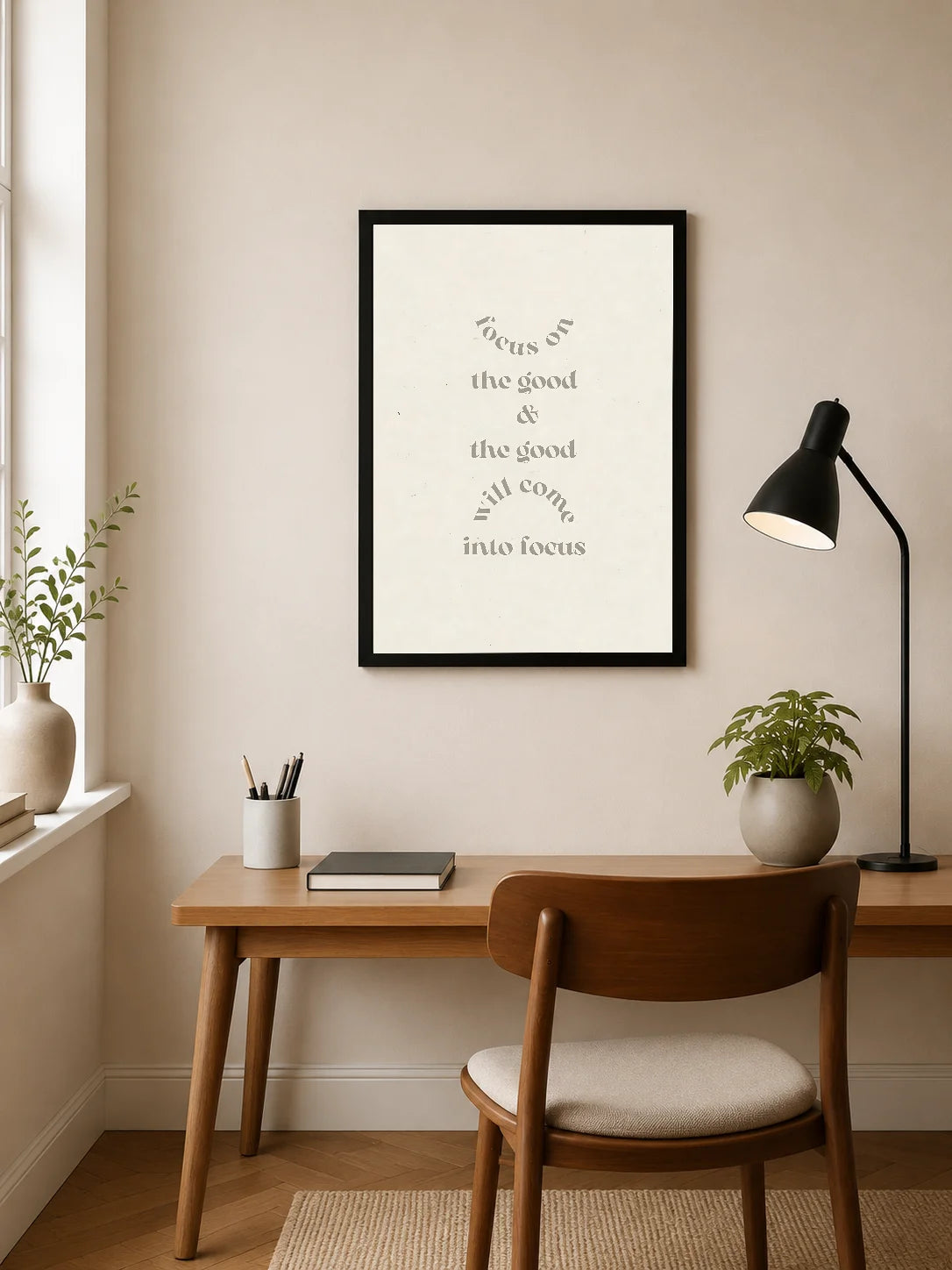 Portrait print with centered serif typography in muted gray on off-white background; curved lines between phrases