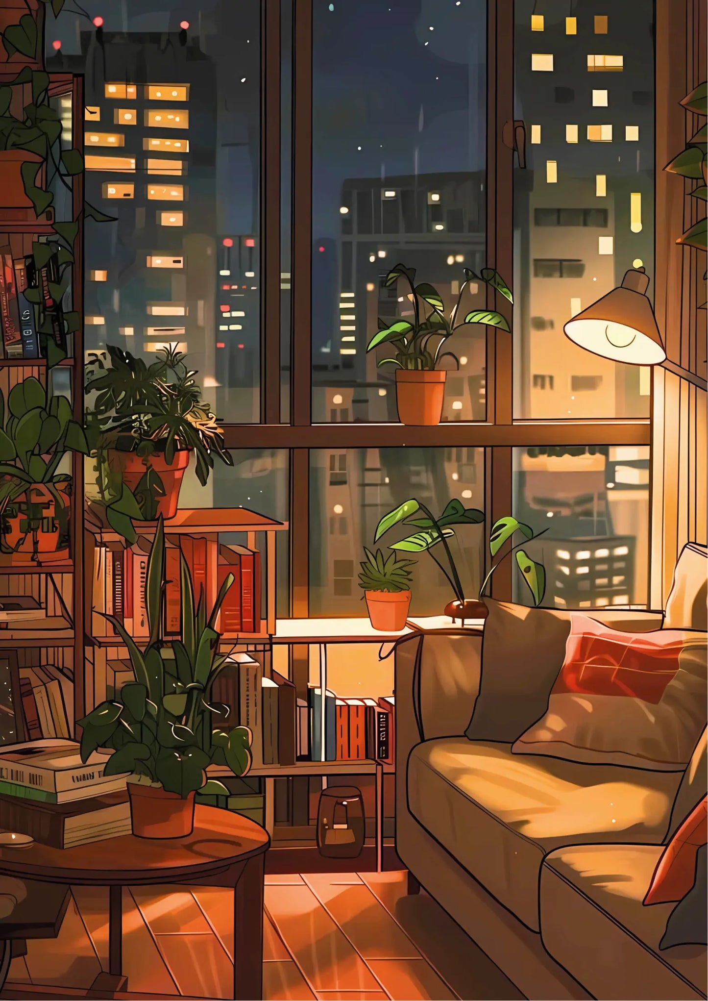 Cityscape at night with warm yellow lights through windows, rendered in soft, illustrative style, vertical orientation